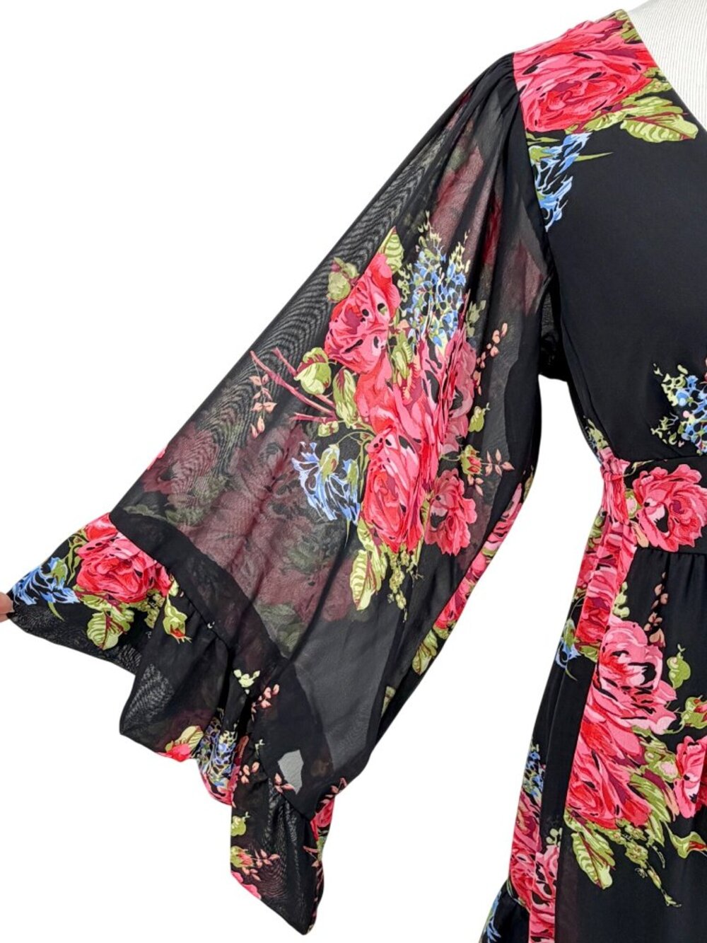Betsey Johnson Black Bambi Floral Bell Sleeve Ruffle Hem Dress 8 | Y2K Boho Glam - Picture 6 of 16